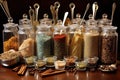 assorted spices in glass jars with labels and spoons