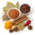 Assorted spices and grains isolated on white background