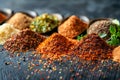 Assorted Spices and Herbs Arranged in Heaps on Dark Wooden Table, Seasoning Variety for Culinary Cooking, Colorful Spice Royalty Free Stock Photo