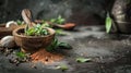 Assorted Spices and Herbs in a Wooden Bowl