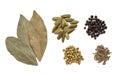 assorted spices isolated on a white background including bay leaves, cardamom pods, coriander seeds, cumin, black peppercorns Royalty Free Stock Photo