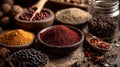 Assorted spices and seasonings in wooden bowls displayed on rustic table Royalty Free Stock Photo