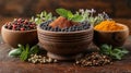 assorted spices on wooden background