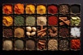 Assorted Spices in Wooden Compartments. Generative AI