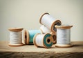 Assorted spools of thread in various shades on a wooden surface Royalty Free Stock Photo