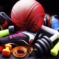 Assorted Sports Equipment on Black Royalty Free Stock Photo