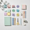 Items feature decorative washi tapes, an eraser, and a pair of Royalty Free Stock Photo