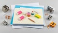 Erasers shaped like cupcakes and rectilinear blocks in bright colors. A Royalty Free Stock Photo