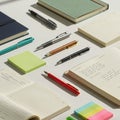 Assorted stationery items, including hardcover notebooks in green and black, lined Royalty Free Stock Photo