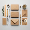 Assorted stationery items are meticulously arranged on a grey surface. Elements include speckled Royalty Free Stock Photo