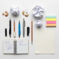 Assorted stationery items are neatly arranged on a white surface Royalty Free Stock Photo