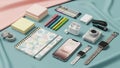 Assorted stationery and tech items arranged on a pastel fabric Royalty Free Stock Photo