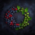 Assorted summer berry in circle, wreath, symmetrical composition, AI generative food background