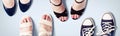 Assorted summer women`s shoes. Female feet in sandals, sneakers, shoes. Royalty Free Stock Photo