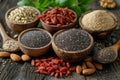 Assorted Superfoods Displayed in Wooden Bowls on a Rustic Table