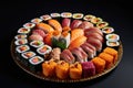 assorted sushi and maki rolls on a ceramic platter Royalty Free Stock Photo