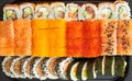 Assorted sushi nigiri and maki big set on slate. A variety of Japanese sushi with tuna, crab, salmon, eel and rolls. Top view Royalty Free Stock Photo