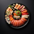 Assorted sushi nigiri and maki big set on slate. A variety of Japanese sushi with tuna, crab, salmon, eel and rolls. Top Royalty Free Stock Photo