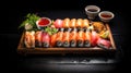 Fresh Asian food and seafood on black background, promoting healthy eating and wellbeing.