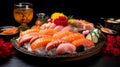 Fresh, vibrant Japanese sushi plate with fish, rice, and seafood on a plate on a dark background