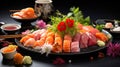 Japanese cuisine: fresh and healthy sushi rice plate with seafood and appetizing fish dish on a dark background