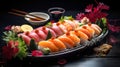 Fresh and healthy asian cuisine: sushi dish with seafoodon a dark background