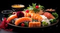 Delicious asian cuisine on black background: fresh sushi and salmon dish with rice and garnish on a dark background