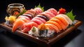 Fresh and Healthy Asian Cuisine: Salmon Sushi on Black Background on a dark background