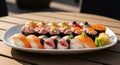 Assorted Sushi Nigiri and Sashimi Platter with Wasabi and Ginger on Outdoor Table Royalty Free Stock Photo
