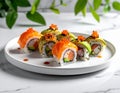Assorted Sushi Rolls with Salmon and Avocado on a White Plate with Marble Background maki Royalty Free Stock Photo