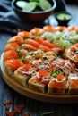 Assorted sushi rolls on a wooden platter Royalty Free Stock Photo