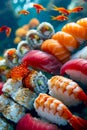 Assorted Sushi and Sashimi Delicacies on Blue Background Fresh Seafood, Japanese Cuisine, Delicious Nigiri, Maki Royalty Free Stock Photo