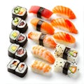 Assorted Sushi and Sashimi Platter Isolated on White. Generative ai Royalty Free Stock Photo