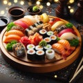 Assorted Sushi and Sashimi Platter on Wooden Tray