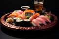 Assorted sushi set on black background - various types of fresh japanese sushi rolls Royalty Free Stock Photo