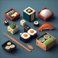 Assorted sushi set with chopsticks isolated on blue background. Ai generative Royalty Free Stock Photo