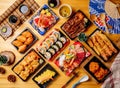 Assorted sushi shashmi, Nori sushi, Shrimp sashimi raw fish bowl, Shrimp Tempura Rice, Chicken Rice, Tang Yang Pork Chop Rice,