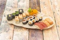 Assorted sushi tray with pieces of flambÃÂ©ed salmon nigiri, red tuna, Royalty Free Stock Photo