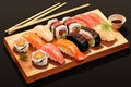 Assorted sushi on a wooden tray, complete with chopsticks and soy sauce. AI Generated Royalty Free Stock Photo