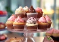 Assorted sweet cupcakes pastry on dessert stand in cakes shop.Macro.AI Generative Royalty Free Stock Photo