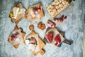 Assorted sweet desserts. Top view. Gray textured background. Beautiful serving dishes. Dessert. Food chain