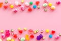 Assorted sweets and marmalade frame on pink background top view space for text Royalty Free Stock Photo