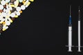 Assorted tablets and capsules on a dark background Royalty Free Stock Photo