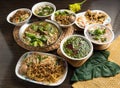 Assorted taiwan noodles and soup pig blood soup, fry noodles, Lamb chop noodles, rice noodle soup and Lu pork rice served in dish Royalty Free Stock Photo