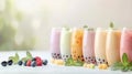 Assorted tapioca bubble teas on blurred coffee shop background with copy space for text