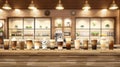 Assorted tapioca bubble teas on blurred coffee shop background with space for text