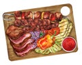 Assorted tasty grilled meat with vegetables. Watercolor illustration