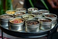 assorted tea blends in tins presented on a platter