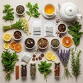 Assorted tea ingredients artfully arranged on a light surface Royalty Free Stock Photo