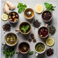 Assorted teas are presented in cups on a light fabric backdrop Royalty Free Stock Photo